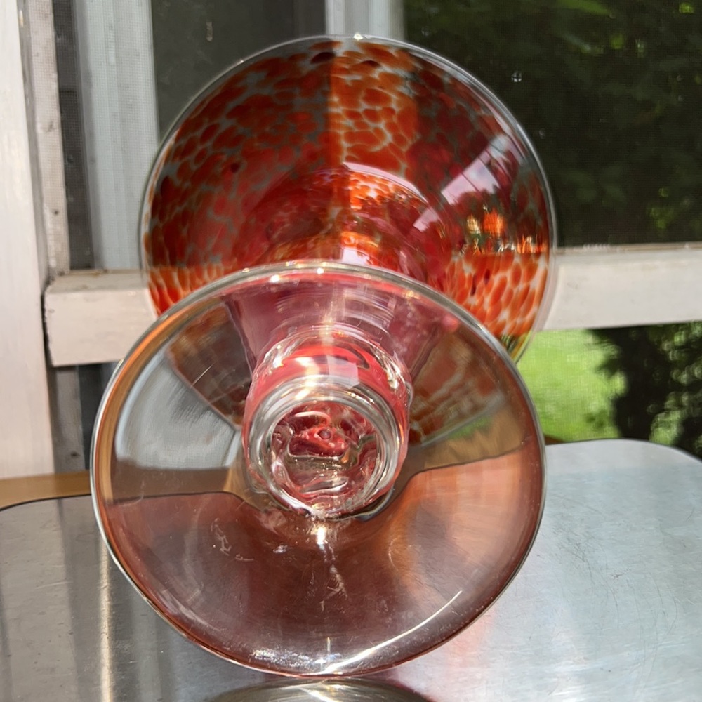 Vintage Cranberry & Clear Splattered Footed Art Glass Vase Signed - Picture 5 of 6